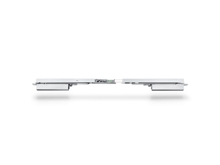 Product shot (71989) - Integrated door closer system for double leaf doors with closing sequence control, electric hold-open device and integrated back check that slows down strongly opened doors.