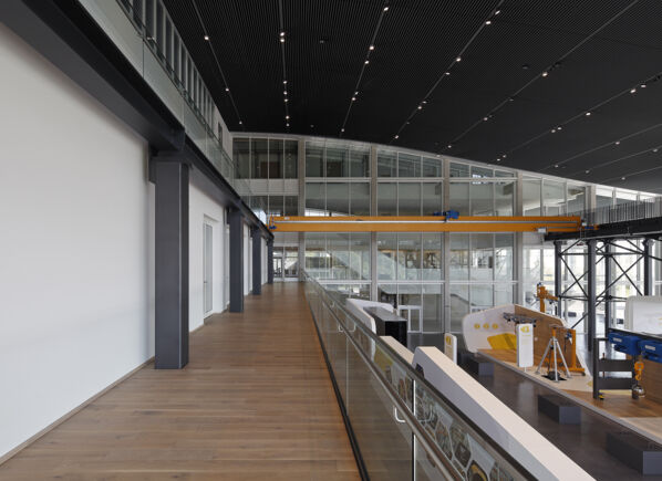 Entrance to the crane girder with glass balustrade on the right.