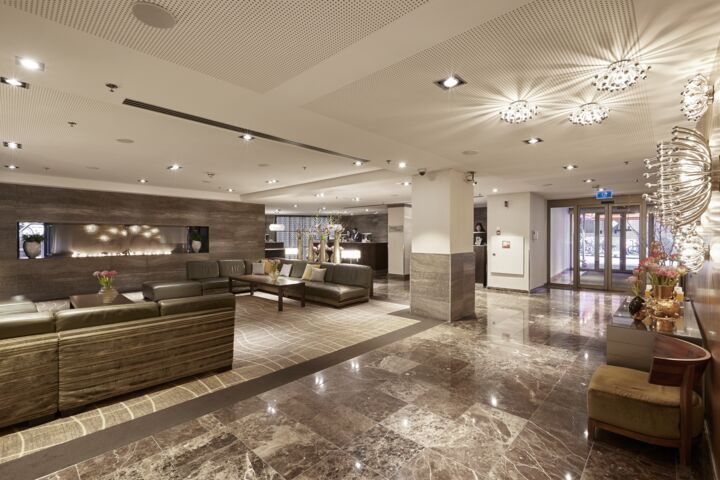 Interior view of the lobby of the Amsterdam Marriott Hotel